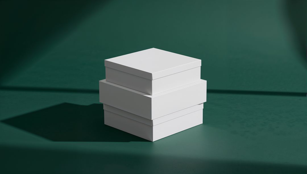 Stacked White Boxes on Dark Green Backdrop in Minimalist Style
