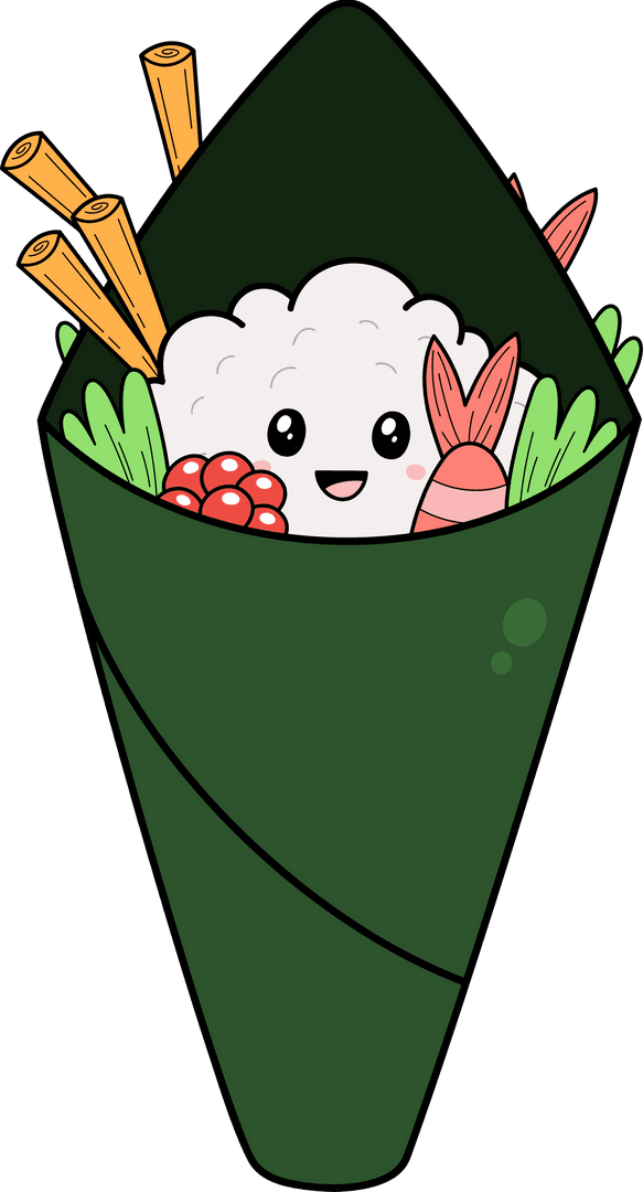 Playful Temaki Sushi Cartoon with Smiling Rice on Transparent