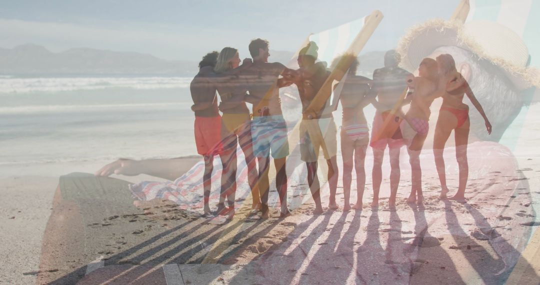 Friends Arm in Arm on Beach with Dreamy Overlay