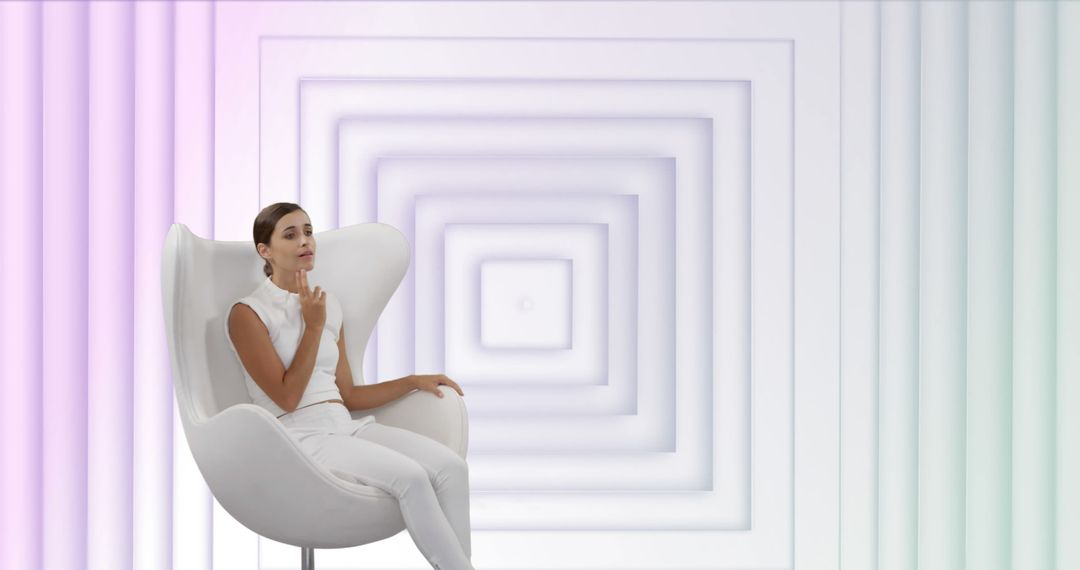 Woman Sitting in White Egg Chair Against Geometric Background - Free Images, Stock Photos and Pictures on Pikwizard.com