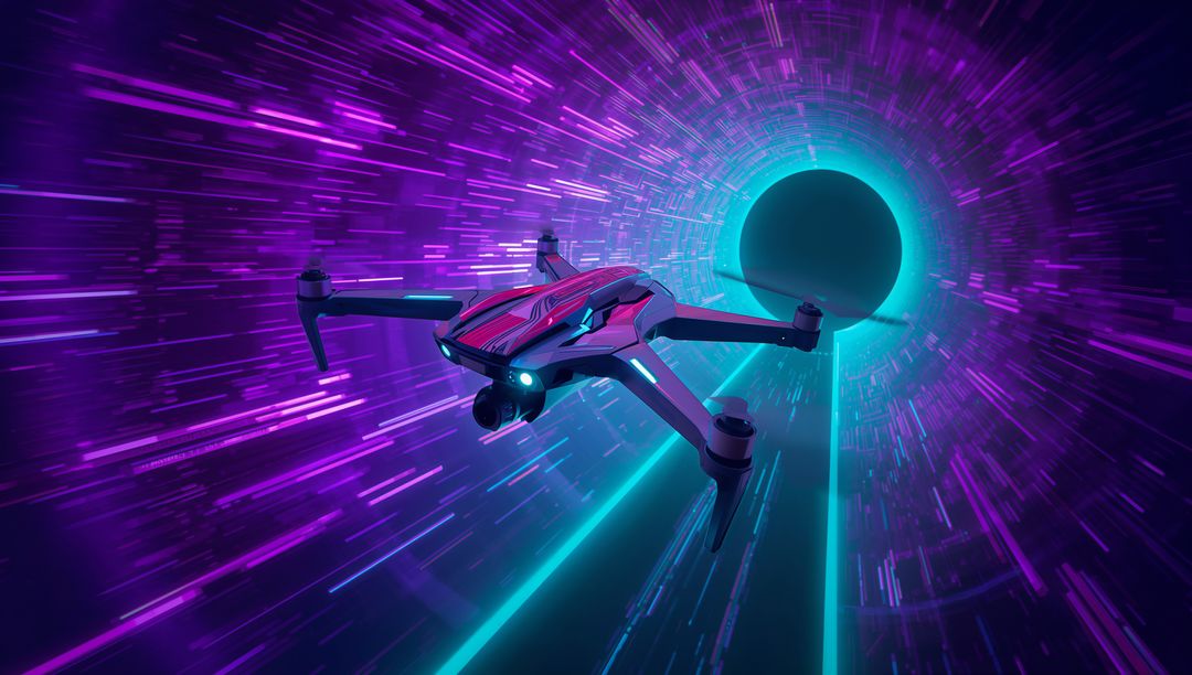 Futuristic quadcopter flying through neon wormhole with glowing portal and motion streaks