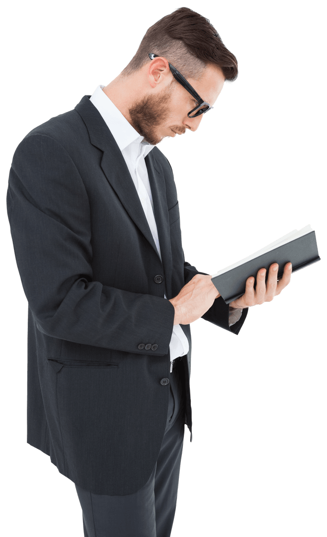 Young Man in Suit Reading a Black Book Transparent Background