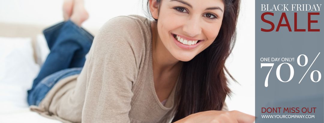 Black Friday Sale Advertisement with Smiling Woman and Bold Red Text