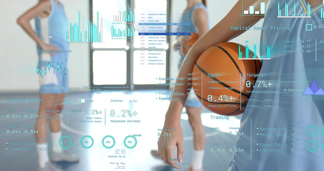 Basketball Player Holding Ball with Performance Data Overlays on Indoor Court Training