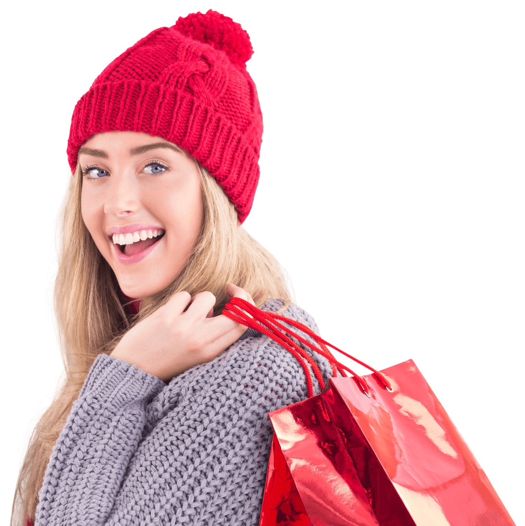 Smiling Woman in Red Hat Holding Colorful Shopping Bags on Transparent Background