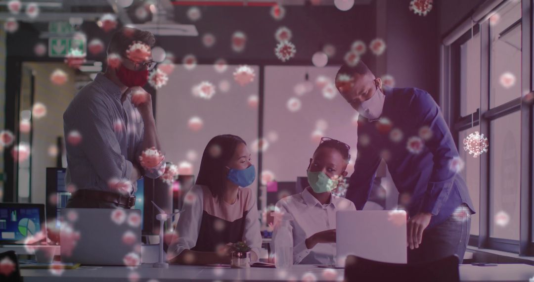 Office Team Collaborating Safely with Face Masks During Pandemic