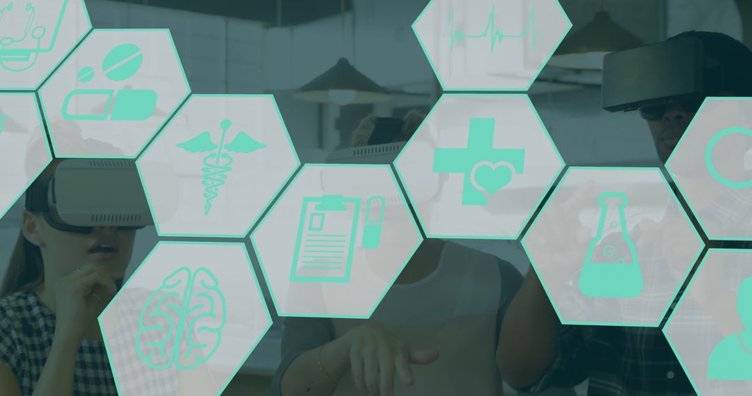 Diverse Group Using VR Headsets with Medical Icons Overlay