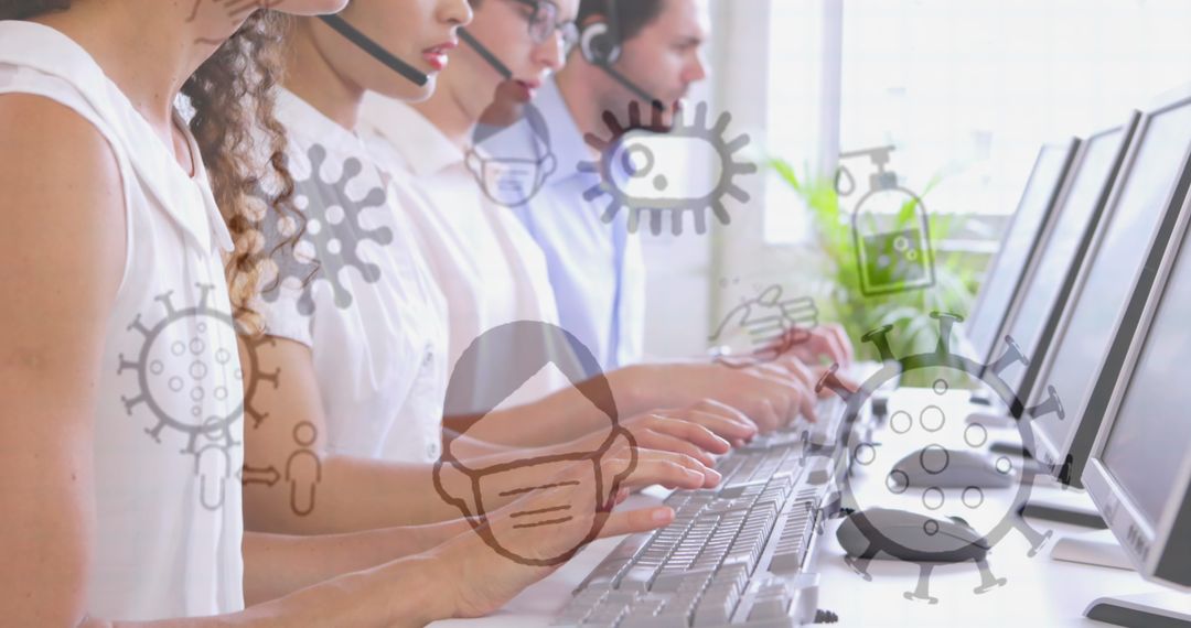 Office Team Using Headsets with Floating COVID-19 Icons