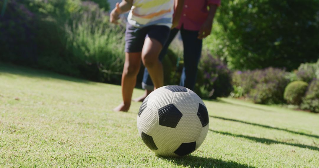 Father and Son Playing Soccer on Sunny Garden Lawn - Free Images, Stock Photos and Pictures on Pikwizard.com