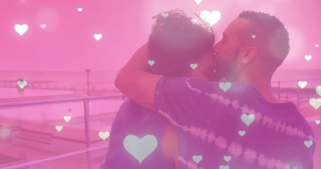 Romantic Couple Embracing at Seaside Promenade with Heart Overlay