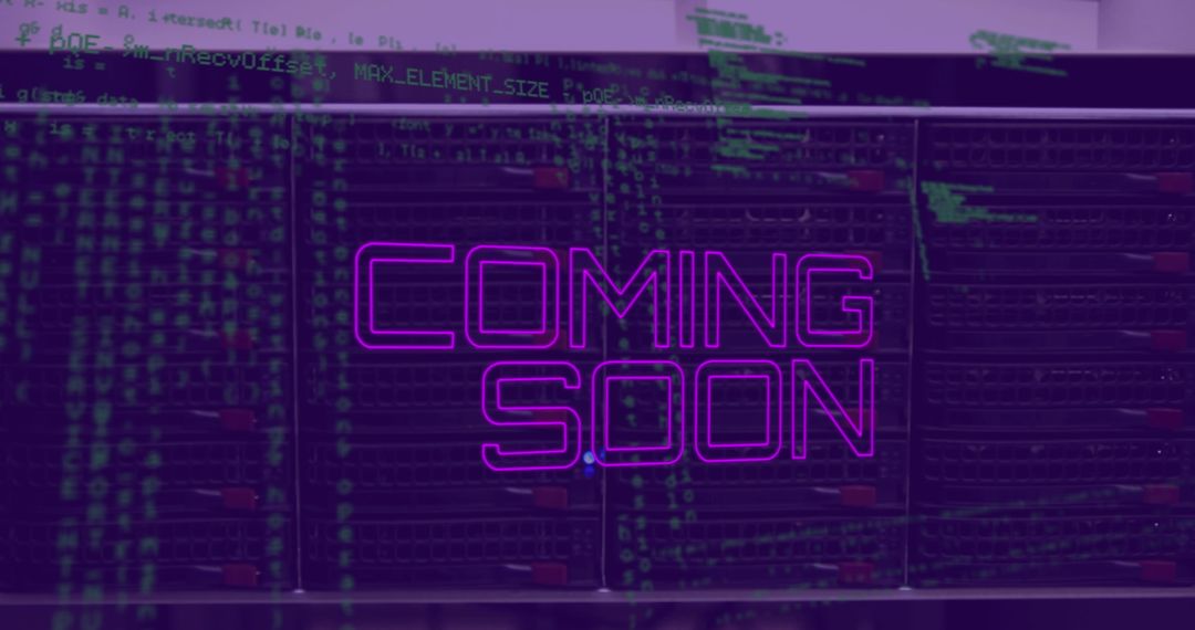 Neon Text Coming Soon with Blurry Code Background