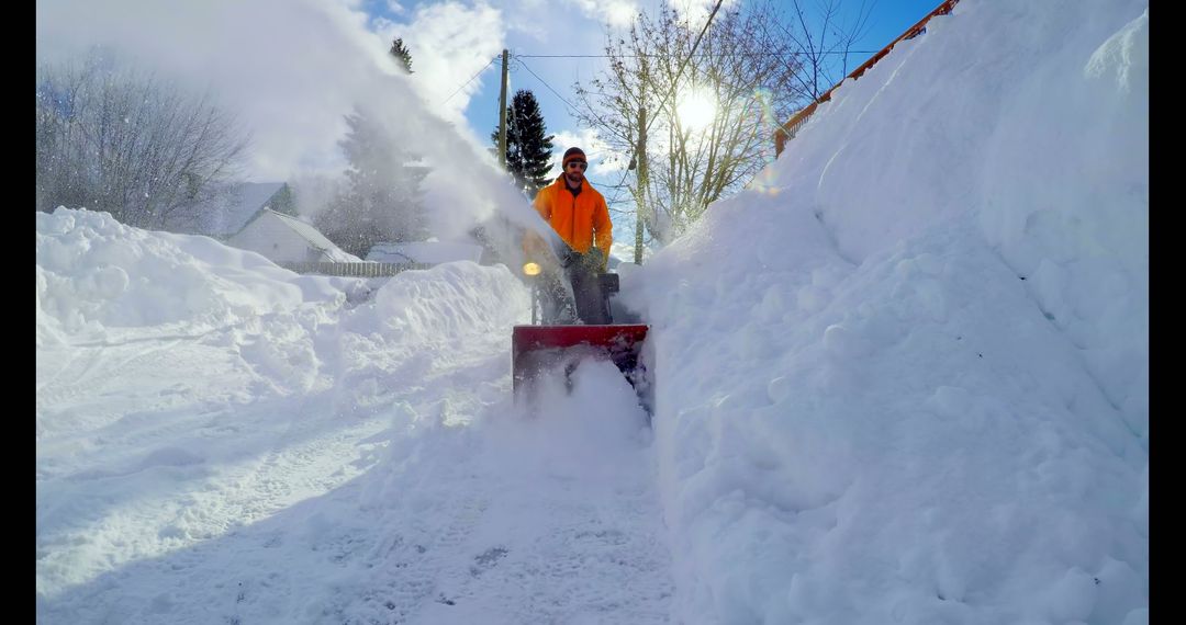 Worker Clearing Snow from Driveway with Snow Blower in Winter Sunlight - Free Images, Stock Photos and Pictures on Pikwizard.com