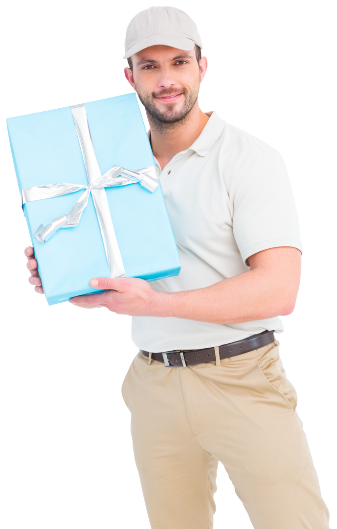 Transparent Smiling Delivery Man Holding Wrapped Gift Box - Download Free Stock Images Pikwizard.com