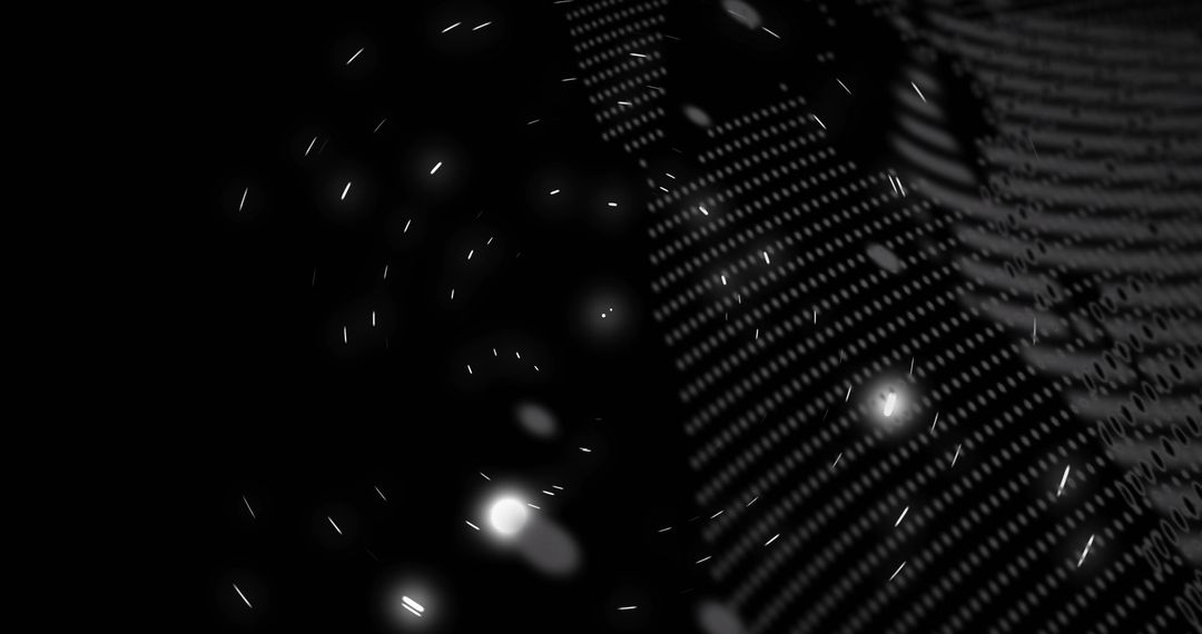 Curved Dotted Matrix Glowing in Digital Void with Bokeh Streaks and High-Contrast Mesh