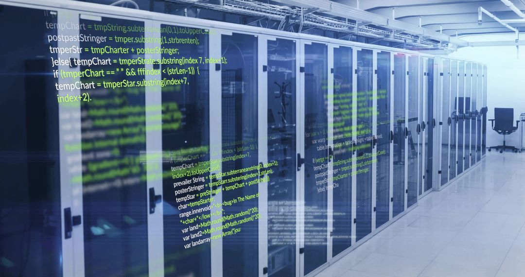 Modern Data Center with Server Cabinets and Code Hologram