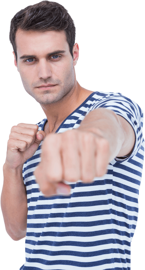 Confident Man Punching with Transparent Background for Graphic Designs