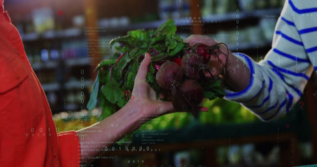 Close-Up of Clerks Exchanging Fresh Beetroots in Grocery Aisle