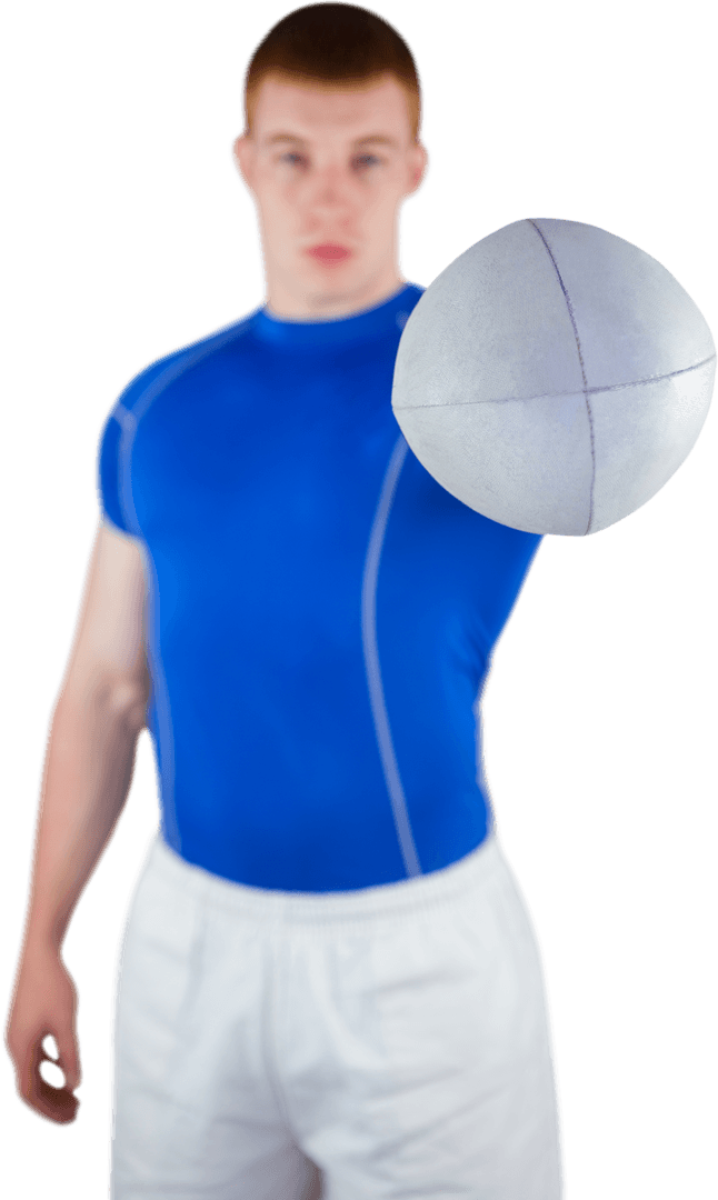 Transparent Rugby Player Offering Ball with Blue Shirt