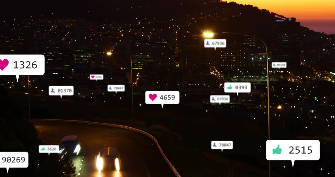 Coastal highway at dusk with cars moving and social media reaction icons floating
