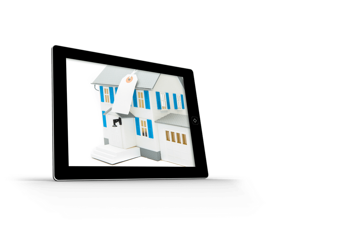 Transparent Tablet Displaying House with Price Tag