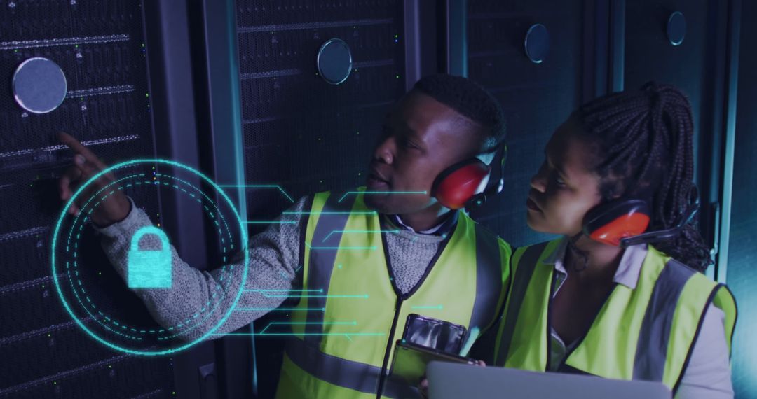African American Technicians Securing Server Room Network