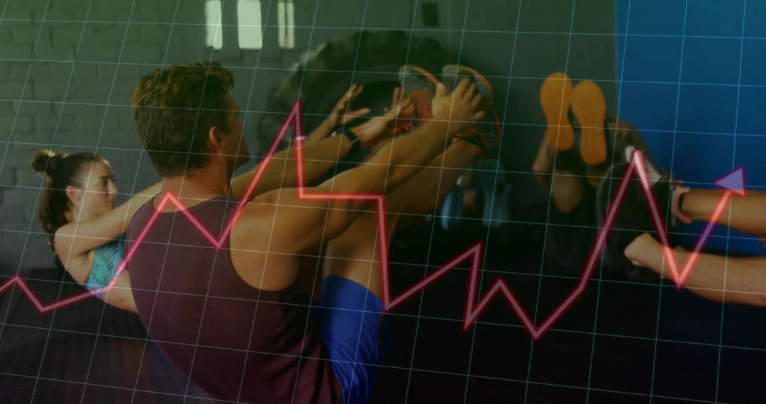 Group Fitness Class with Data Overlay Highlighting Progress