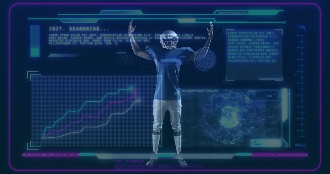 Futuristic Football Player with Holographic Training Interface