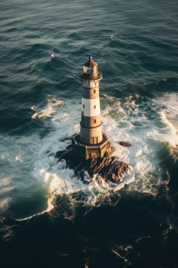 Lighthouse on rock and calm seas, created using generative ai technology - Free Images, Stock Photos and Pictures on Pikwizard.com