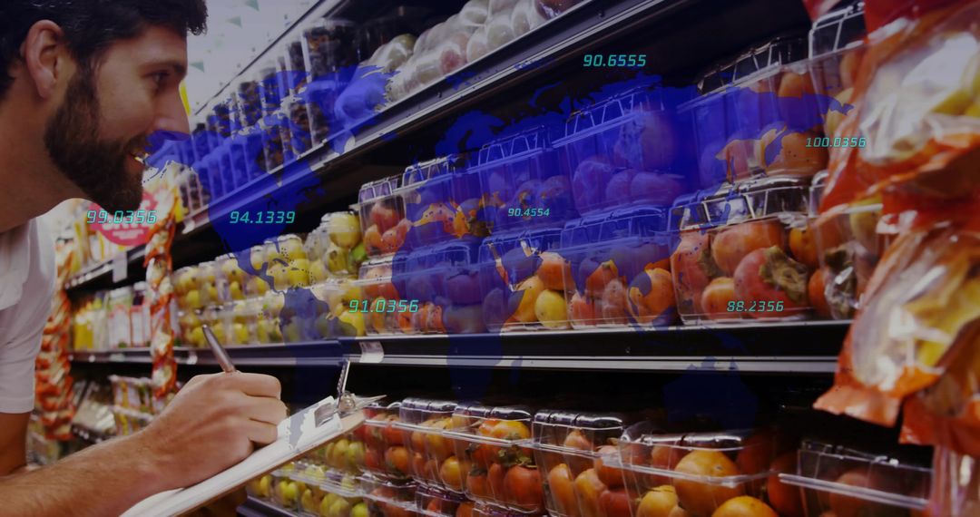 Inspector Analyzing Produce with Data Overlay in Supermarket Aisle