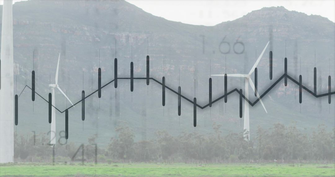 Rotating wind turbines overlaying candlestick chart showing renewable energy investing rise