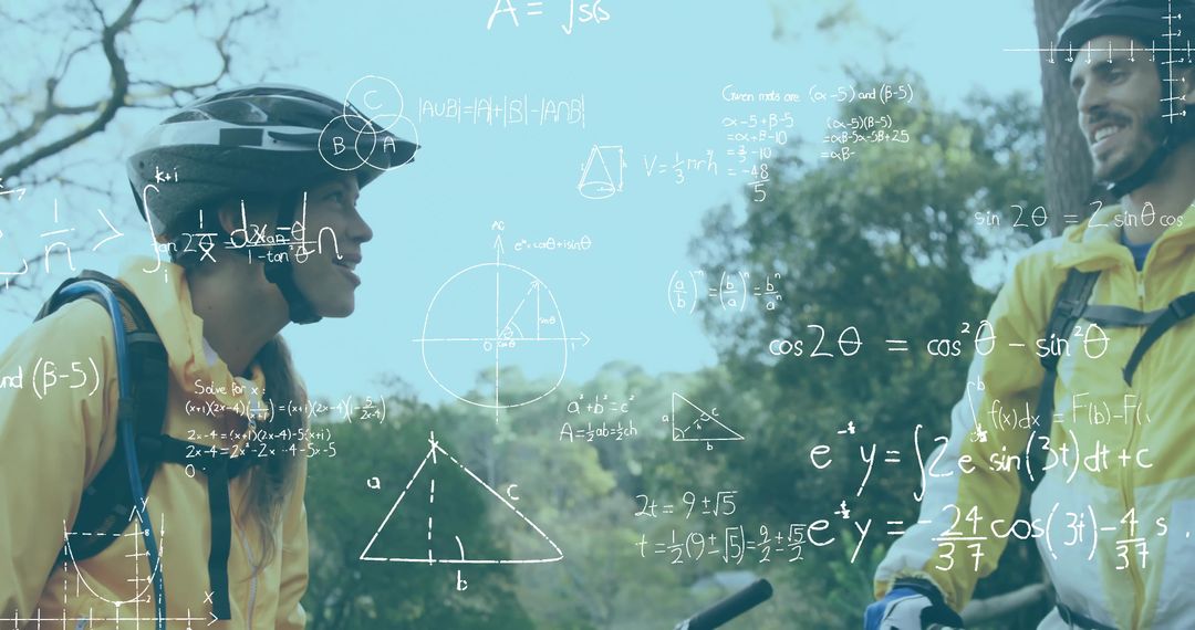 Two Cyclists Wearing Yellow Jackets Standing on Forest Trail with Floating Math Equations