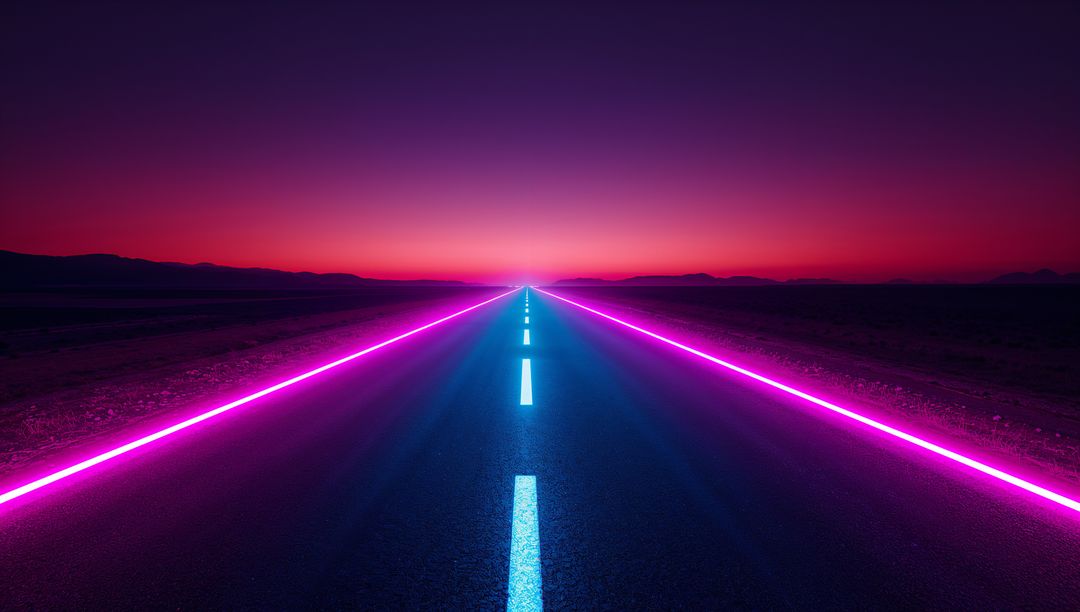 Neon Highway Running Toward Dusk Glow with Blue Centerline and Pink Edge Lights