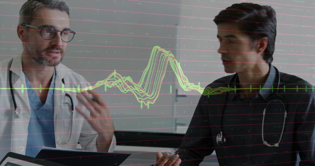 Doctors Discussing Diagnosis with Futuristic Datagraph Overlay