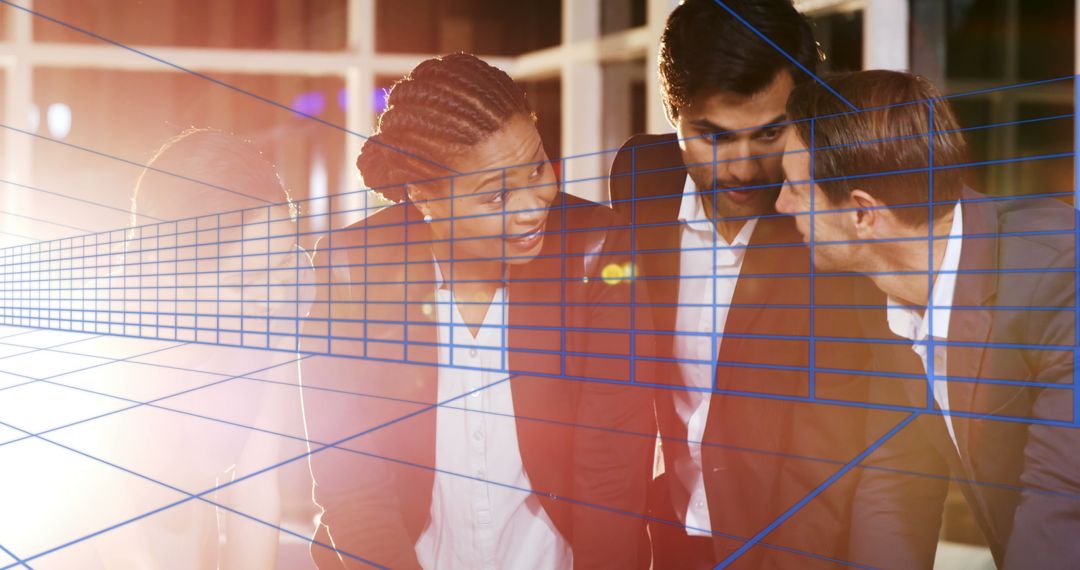 Diverse Business Team Strategizing with Digital Overlay Effect