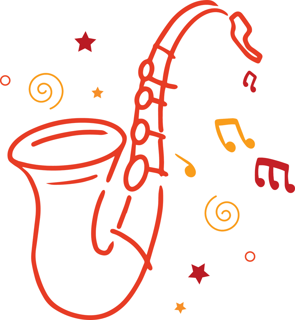 Vibrant Flat Design Saxophone with Musical Elements on Transparent Background