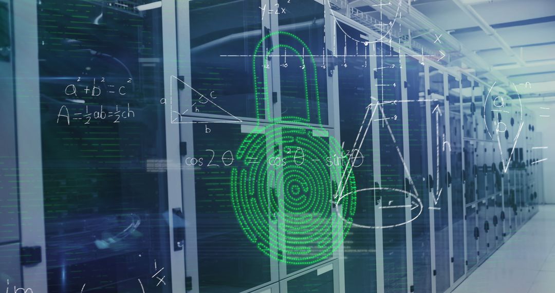 Cyber Security Padlock Icon with Mathematical Equations in Server Room