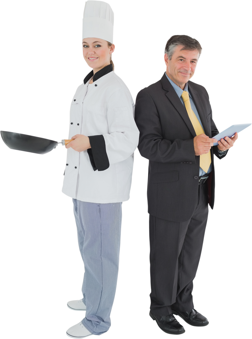 Transparent Businessman with Digital Tablet and Chef Holding Frying Pan - Download Free Stock Images Pikwizard.com