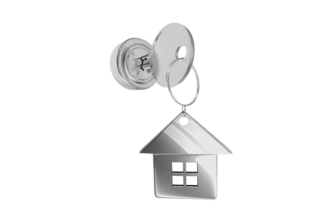 Shiny Metallic Key with House Keychain on Transparent Background