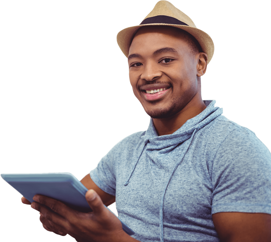 Smiling Man with Tablet on Transparent Background