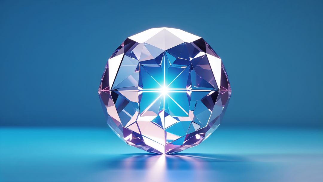 Faceted Crystal Sphere Reflects Starburst Light on Glossy Surface