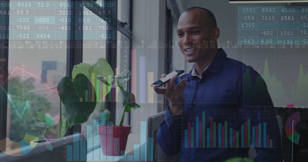 Businessman Analyzing Market Data Via Smartphone in Modern Office
