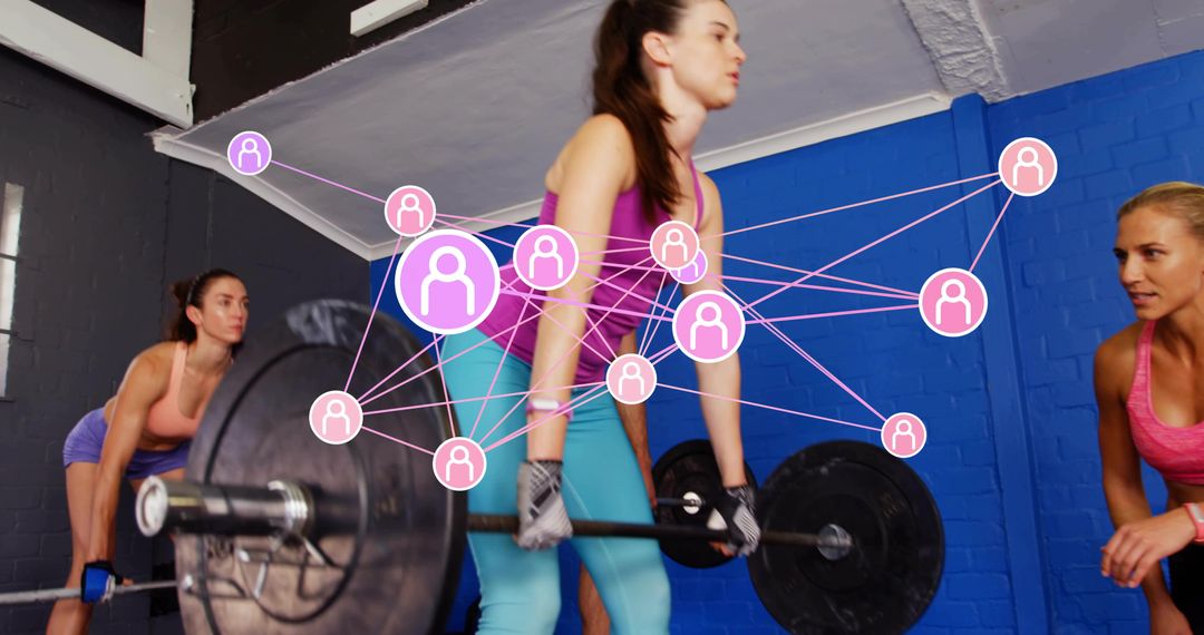 Women Deadlifting in Strength Training with Coach, Team Fitness Community Network Overlay
