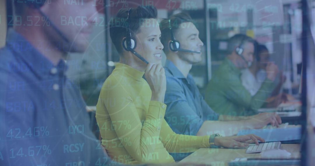 Customer Service Team Analyzing Financial Data with Headsets