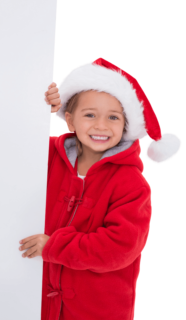 Cheerful Girl in Santa Hat Holding Transparent Banner