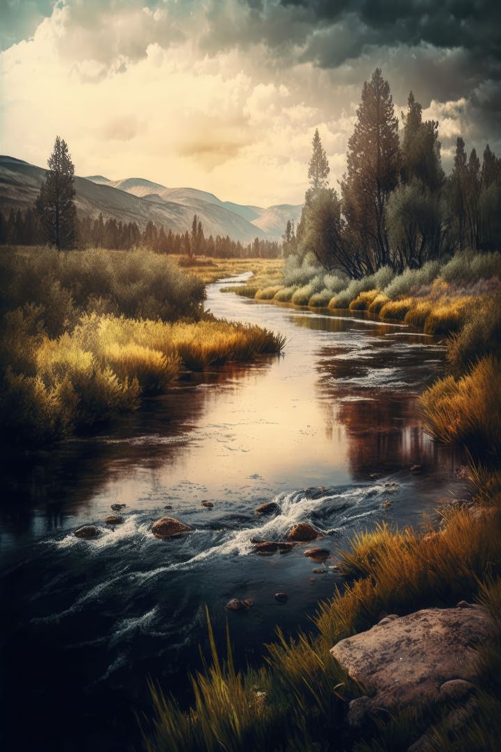 Scenic landscape with river creek and mountains, created using generative ai technology - Free Images, Stock Photos and Pictures on Pikwizard.com