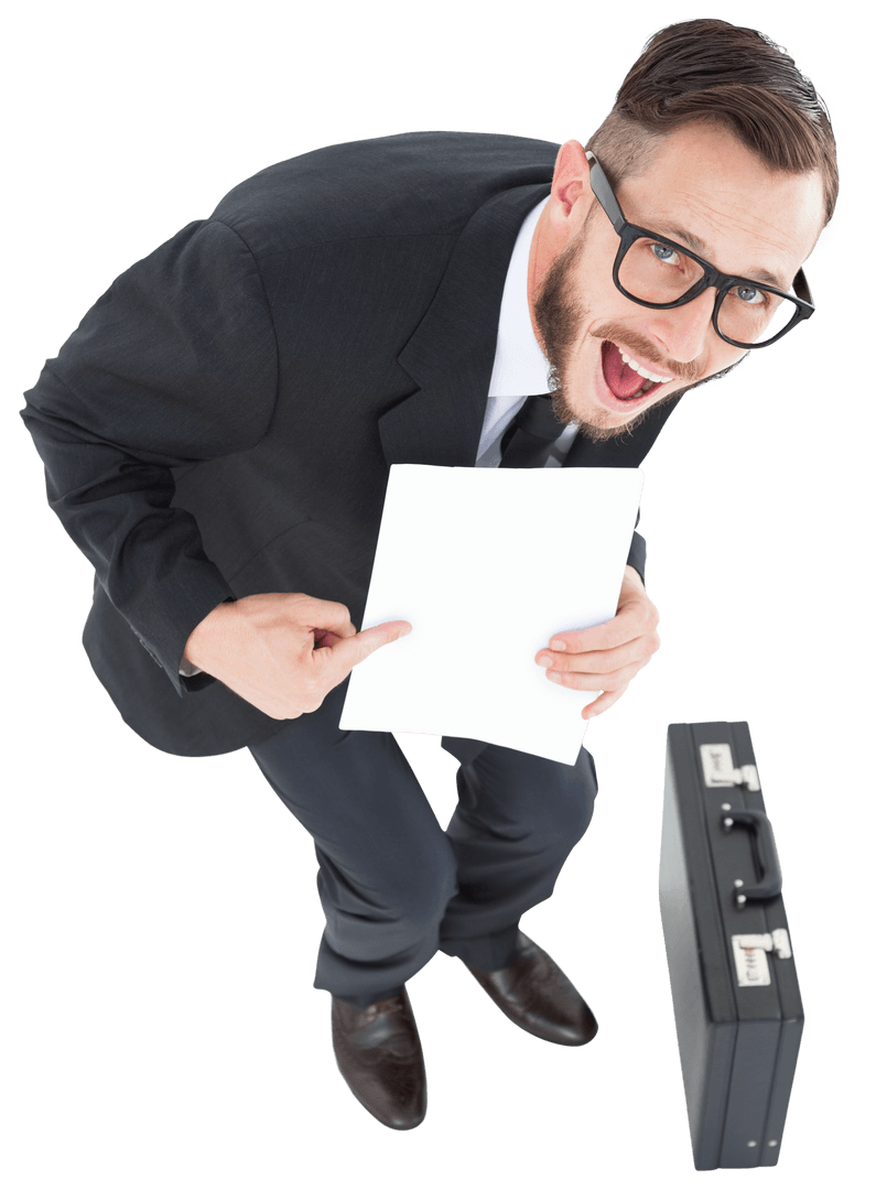 Transparent Businessman Enthusiastically Presenting Document