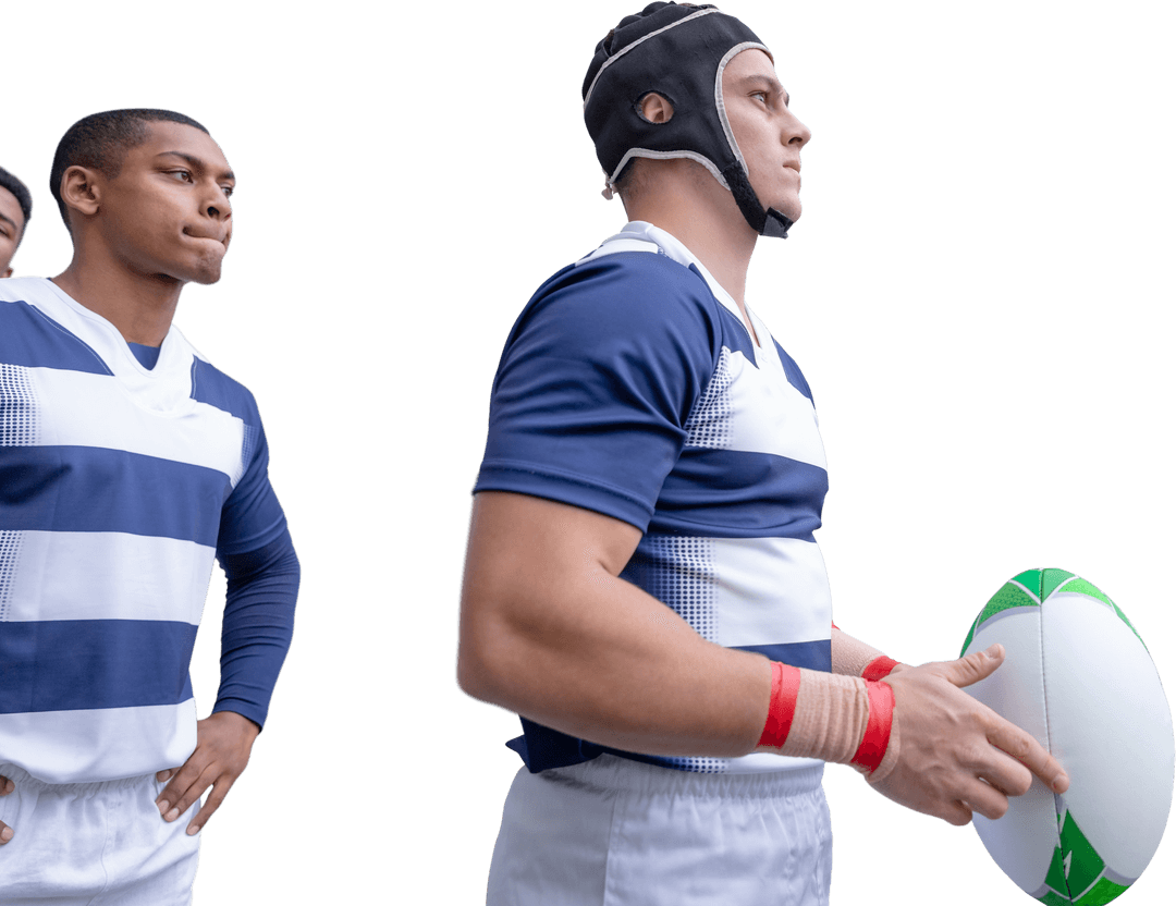 Diverse Rugby Players Posed With Ball Transparent Background