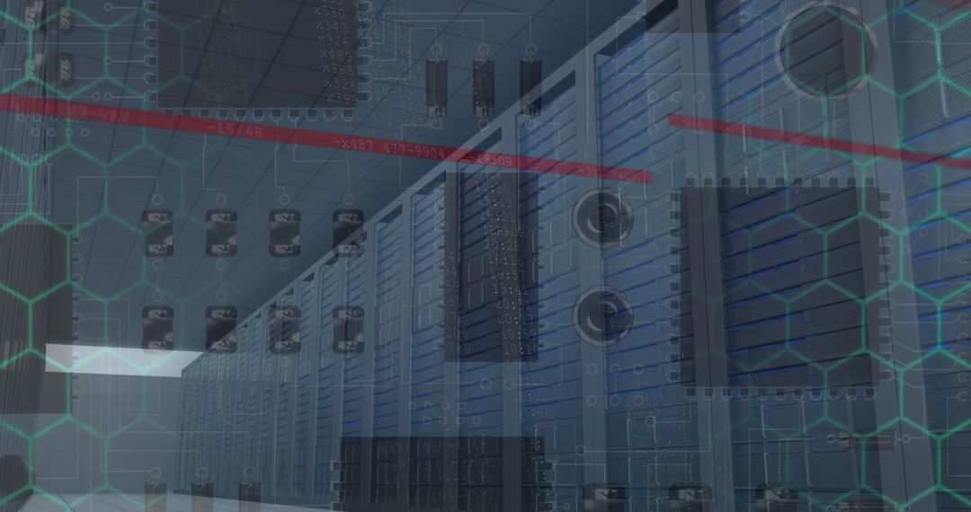 Futuristic Server Room with Cyber Circuit Overlay