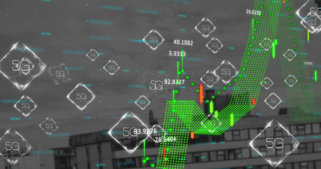 Futuristic 6G Concept with Financial Data Overlaying Cityscape