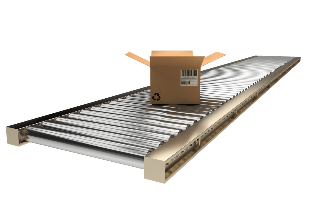 Open Cardboard Box on Transparent Conveyor Belt with White Background